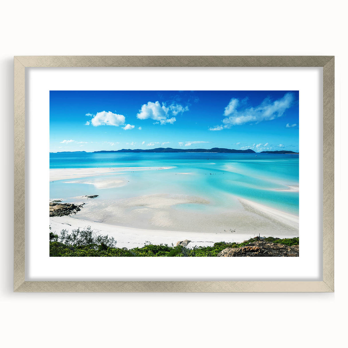 Abstract art print of the Great Barrier Reef in turquoise and blue shades on a framed canvas, ideal for dining room decor.