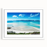 Extra large textured abstract art print of the Great Barrier Reef, in vibrant blue and green tones, framed in white.