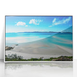 Large art print of the Great Barrier Reef in pastel shades on acrylic, framed in white, suitable for modern nursery decor.