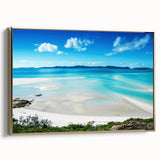 Framed canvas featuring a landscape art painting of the Great Barrier Reef in vibrant blue and green tones.