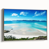 Vintage poster art of the Great Barrier Reef on a framed canvas, featuring colorful marine imagery.