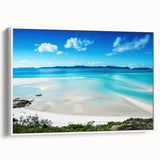 Framed canvas of the Great Barrier Reef in a vintage poster style, featuring muted blue and green tones.