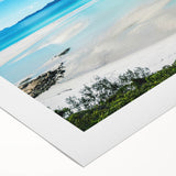 Art deco poster of the Great Barrier Reef in pastel blues and greens on rolled canvas, suitable for dining room decor.