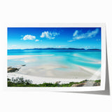 Great Barrier Reef landscape on rolled print, featuring vivid blue and green tones, suitable for dining room wall art.