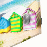 Large abstract depiction of Melbourne skyline in muted blue and orange tones on acrylic glass.