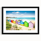 Abstract art print of Melbourne scenery in vibrant colors on a black framed canvas, ideal for living room decor.