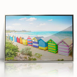 Acrylic print of Melbourne skyline in art deco style with silver frame, suitable as modern art wall decor.