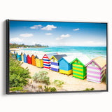 Black and white framed canvas of Melbourne skyline with vintage poster art style, ideal for bedroom wall decor.