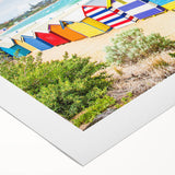 Art deco poster of Melbourne skyline in muted gold and navy tones on rolled canvas, suitable for dining room wall art.