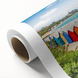 Art Deco style Melbourne skyline on rolled canvas with muted blue and pink tones, ideal for nursery wall art.