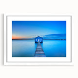 Extra large abstract art print depicting a textured scenery of Perth, Australia in muted earth tones, framed in white.