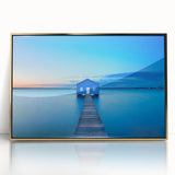 Framed acrylic print of Perth skyline in mid-century modernist style, featuring muted gold and blue tones.