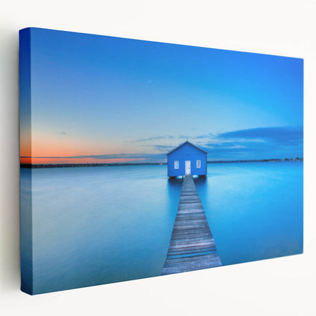 Panoramic view of Perth skyline in muted blue and gray tones on stretched canvas, suitable for kitchen wall art.