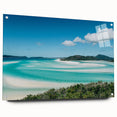 Large abstract wall art of Queensland scenery in vibrant green and blue hues on acrylic glass.