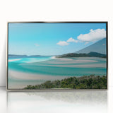 Art deco poster of Queensland scenery in muted silver and blue tones, acrylic framed, ideal for modern nursery wall decor.