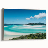 Vintage poster art of Queensland scenery on extra large framed canvas, featuring colorful art with black accents.
