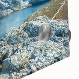 Acrylic glass print of a large abstract depiction of Tasmania's landscape in earthy and blue tones.