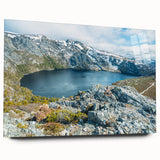 Large abstract wall art of Tasmania scenery in muted earth tones on acrylic glass, ideal for bedroom or dining room decor.