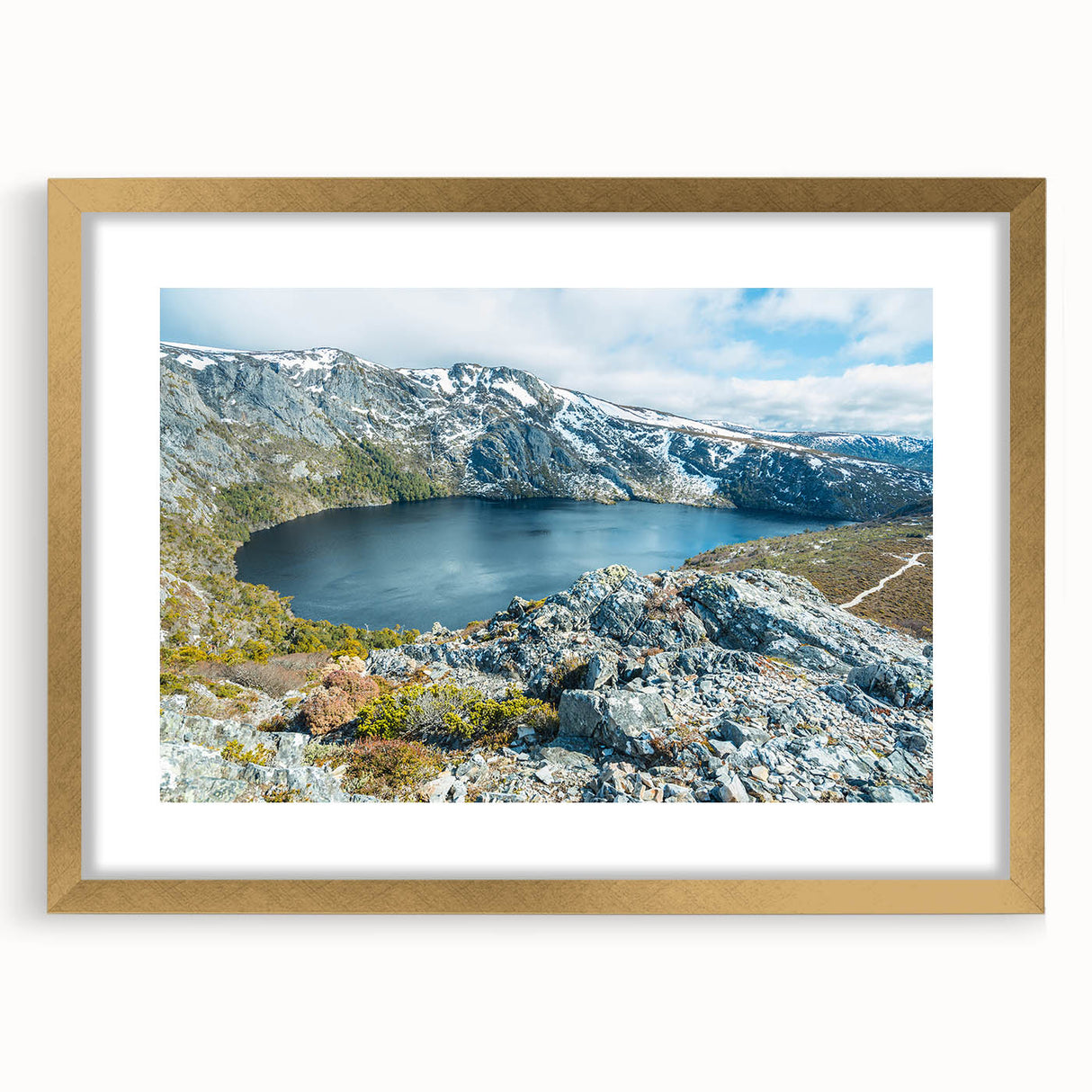 Abstract art print of Tasmania scenery in muted earth tones on a gold-framed canvas.