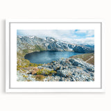 Textured abstract art print of Tasmania scenery in muted earth tones on a framed white canvas, ideal for bedroom art.