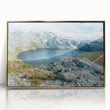 Mid-century modernist art depicting Tasmania scenery in acrylic with gold frame, ideal for nursery wall art.