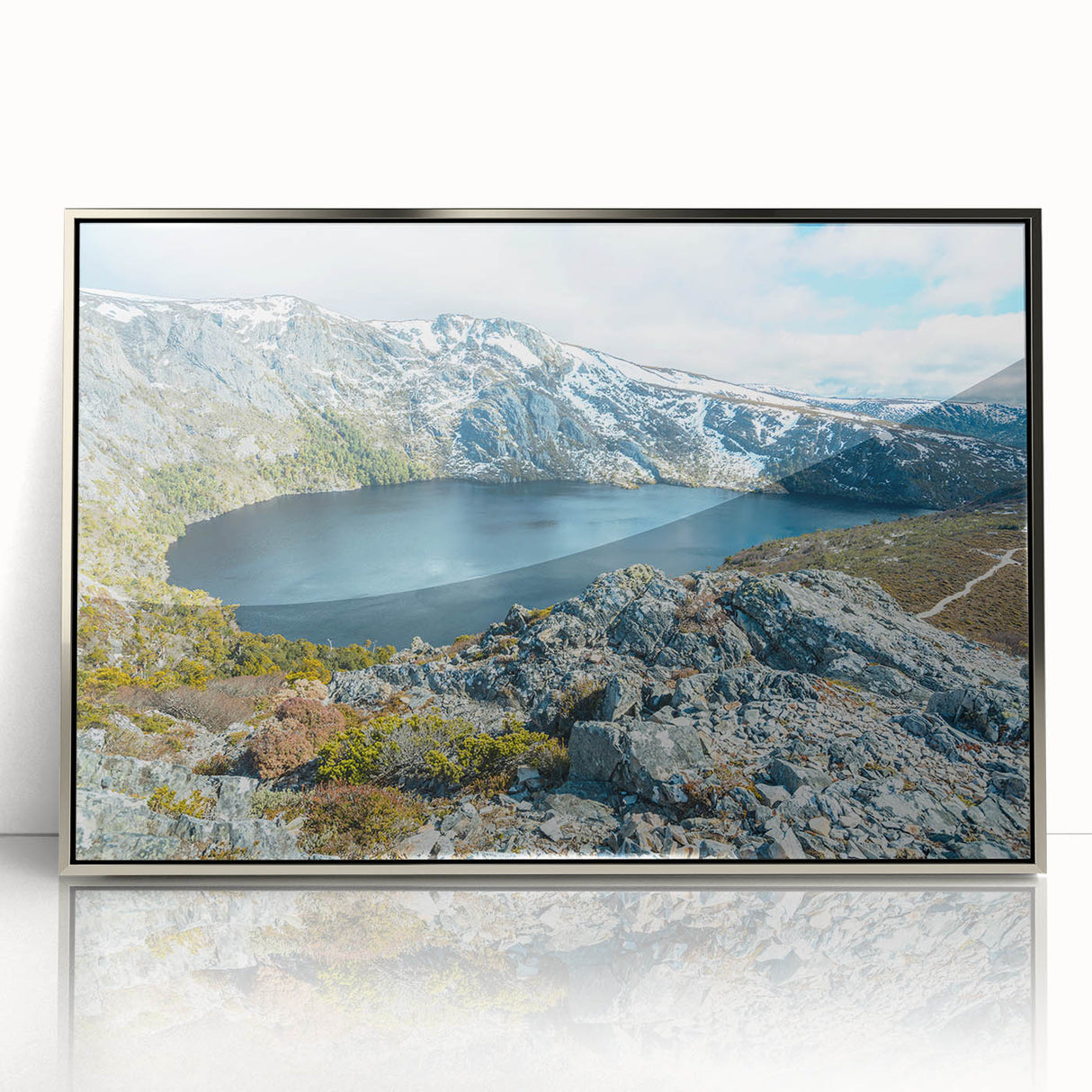 Framed acrylic print of a Tasmanian landscape in muted greens and blues, ideal for modern nursery wall art.