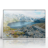 Large art print of Tasmania scenery in mid-century modernist style, framed in white acrylic, ideal for modern art wall decor.