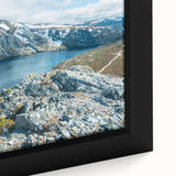 Extra large black canvas featuring a textured, colorful Tasmanian landscape, ideal for living room decor.