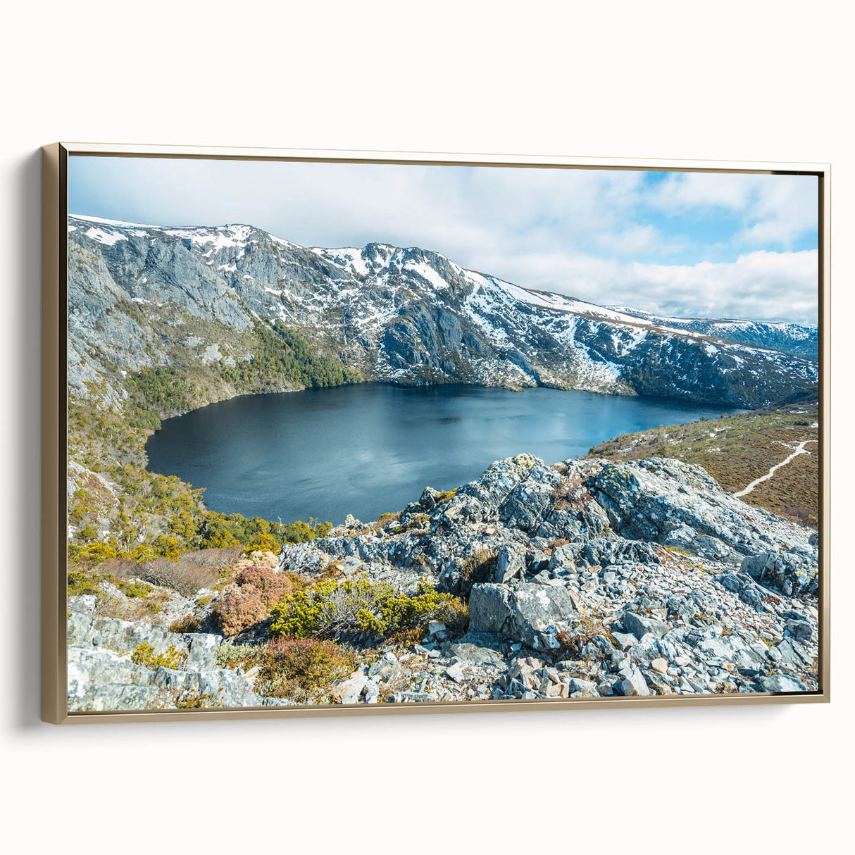 Vintage poster art of a Tasmanian landscape on framed canvas, featuring a blend of colorful art and black tones.