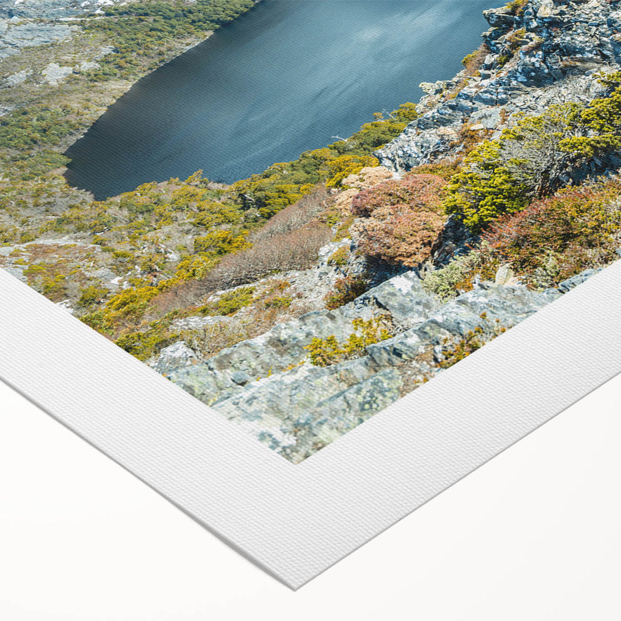 Art deco poster featuring a serene Tasmania landscape in muted green and blue tones on rolled canvas.