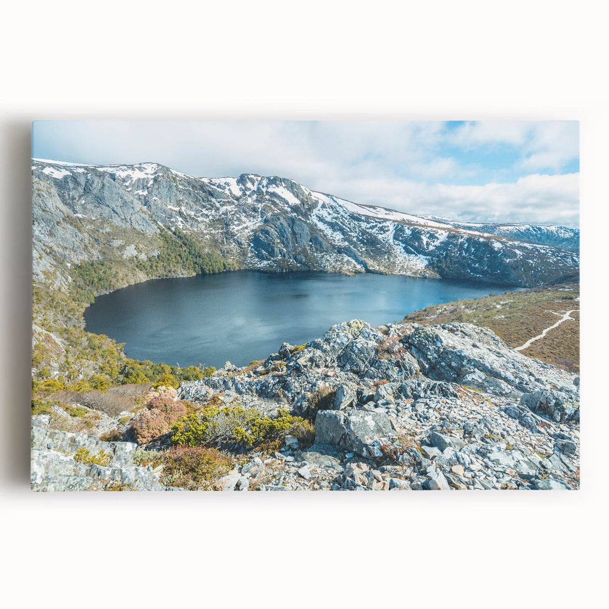 Black and white photograph of Tasmanian landscape on large stretched canvas, suitable as kitchen wall art.