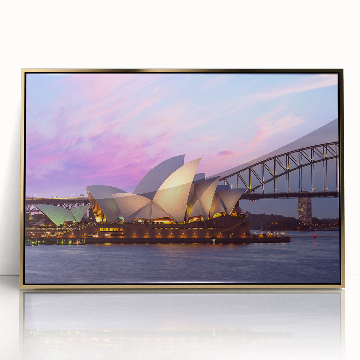 Framed acrylic print featuring a stylized Australian landscape in art deco style, with muted gold and blue tones.