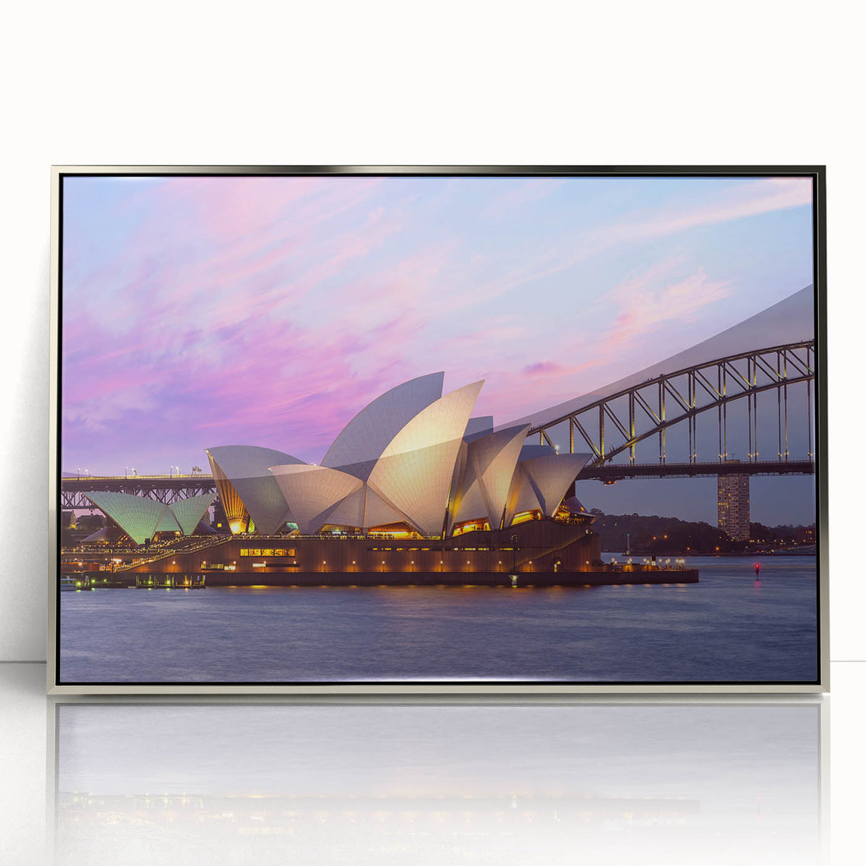 Large acrylic print of the Australian scenery in silver frame, featuring mid-century modernist style.