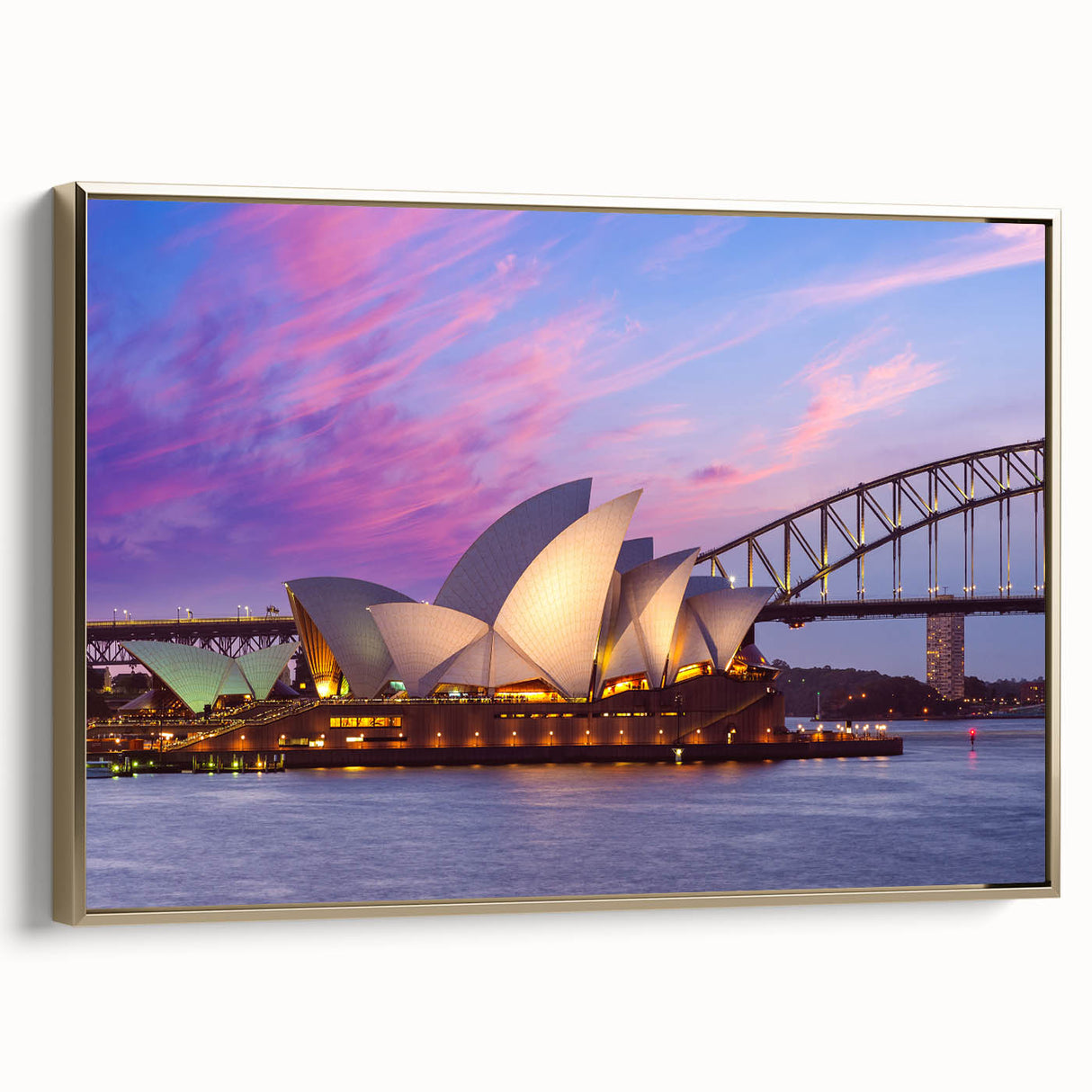 Framed canvas featuring a black and gold vintage poster art of an Australian landscape, ideal for bedroom wall decor.