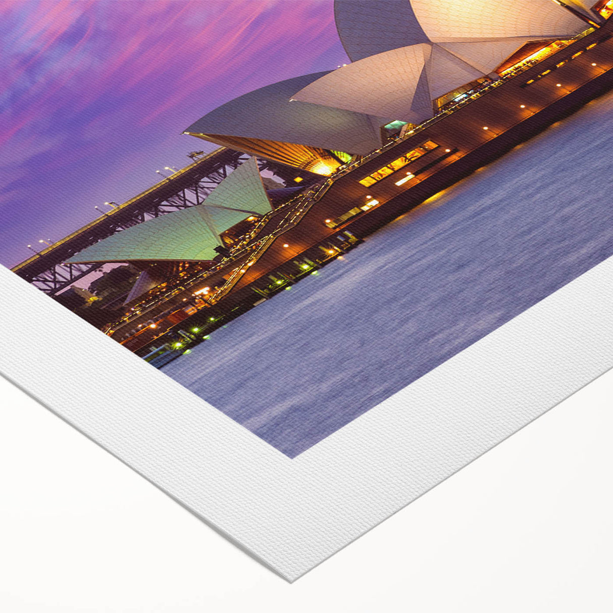 Art deco poster of Sydney skyline in muted metallic tones on a rolled canvas, suitable for dining room decor.
