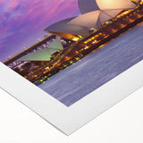 Art deco poster of Sydney skyline in muted metallic tones on a rolled canvas, suitable for dining room decor.