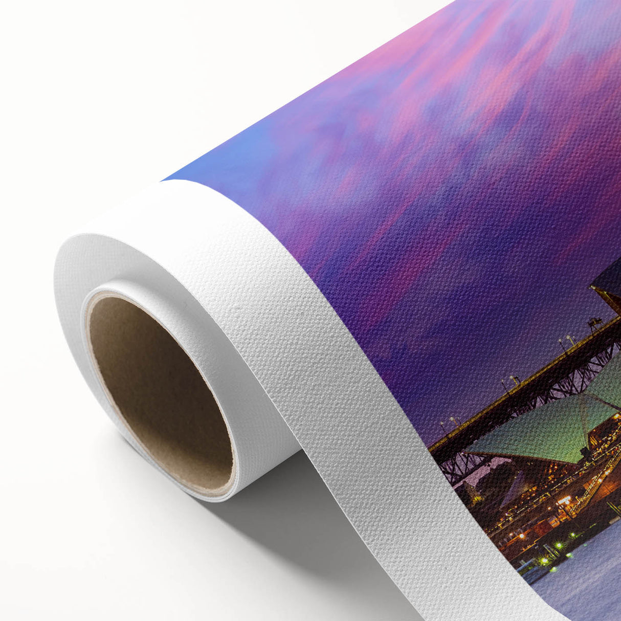 Art deco style Australian scenery on rolled canvas, featuring muted green and blue tones, ideal for nursery wall art.