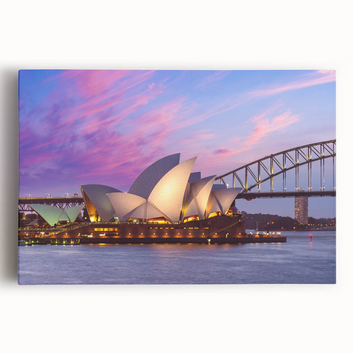 Black and white photograph of the Sydney Opera House on stretched canvas, ideal for kitchen wall art.