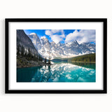 Abstract art print of vibrant, colorful scenery in Alberta, framed in black with mat, ideal for living room decor.