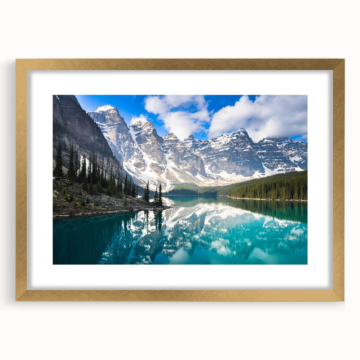 Extra large abstract art print of Alberta, Canada scenery in muted earth tones, framed in gold, ideal for living room decor.
