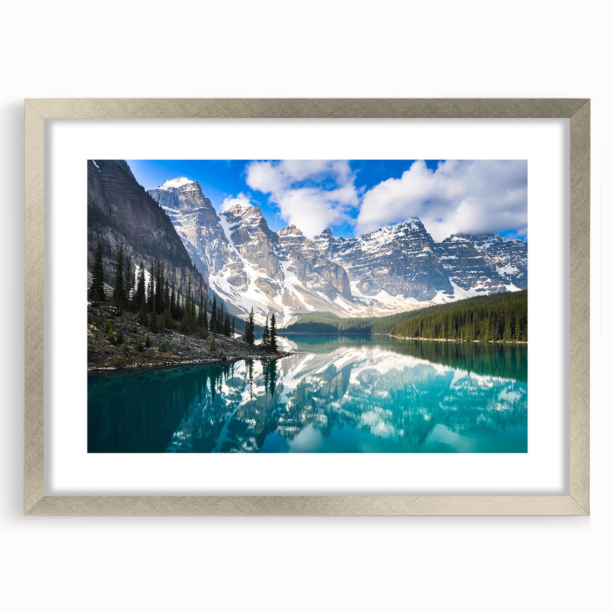 Textured abstract art print of Alberta scenery in muted earth tones, framed in silver, ideal for bedroom art.