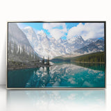 Mid-century modernist art depicting Alberta, Canada scenery in muted earth tones on a silver-framed acrylic print.