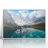 Acrylic print of Alberta, Canada scenery in art deco style, with serene blue and green tones.