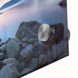 Large abstract wall art depicting British Columbia scenery on acrylic glass, in mid-century modernist style.