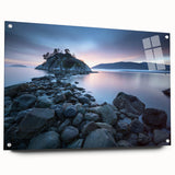 Acrylic print of a large abstract depiction of British Columbia scenery in muted earth tones.