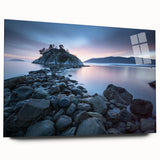 Acrylic print of a large abstract depiction of British Columbia scenery, using cool blue and green tones.