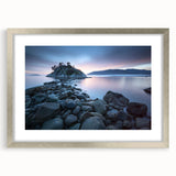 Textured abstract art print of British Columbia scenery in muted earth tones, framed with a silver mat.