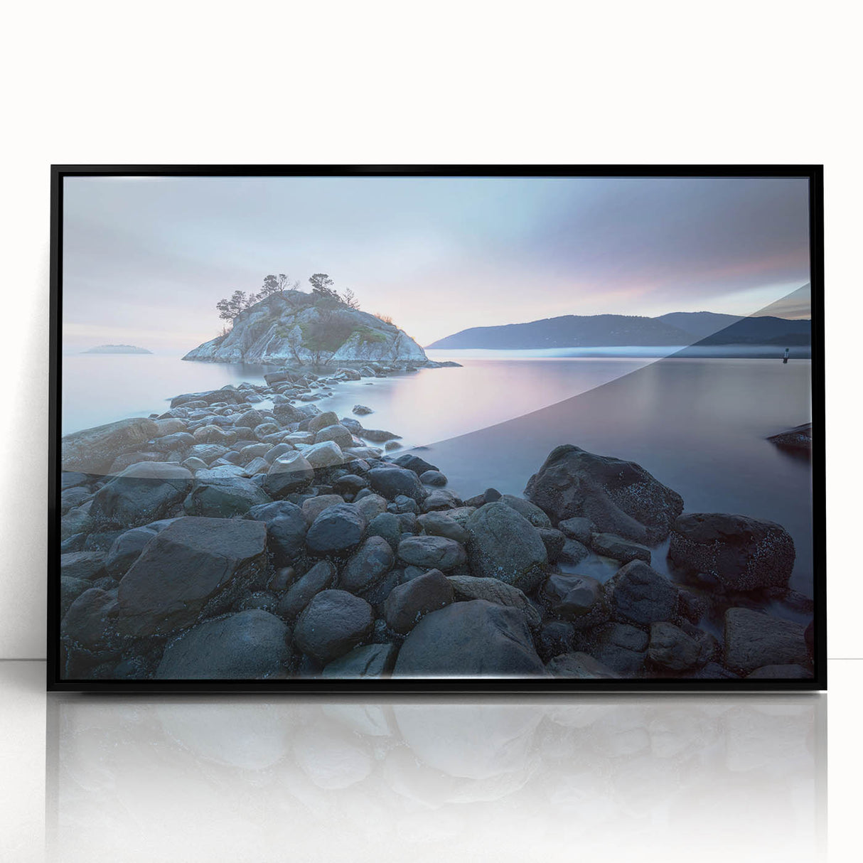 Large abstract wall art depicting a British Columbia landscape in muted earth tones, framed in black acrylic.