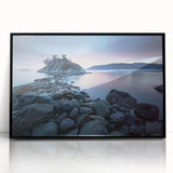 Large abstract wall art depicting a British Columbia landscape in muted earth tones, framed in black acrylic.