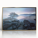 Large art print of a British Columbia landscape in muted green and blue tones, framed in gold acrylic.